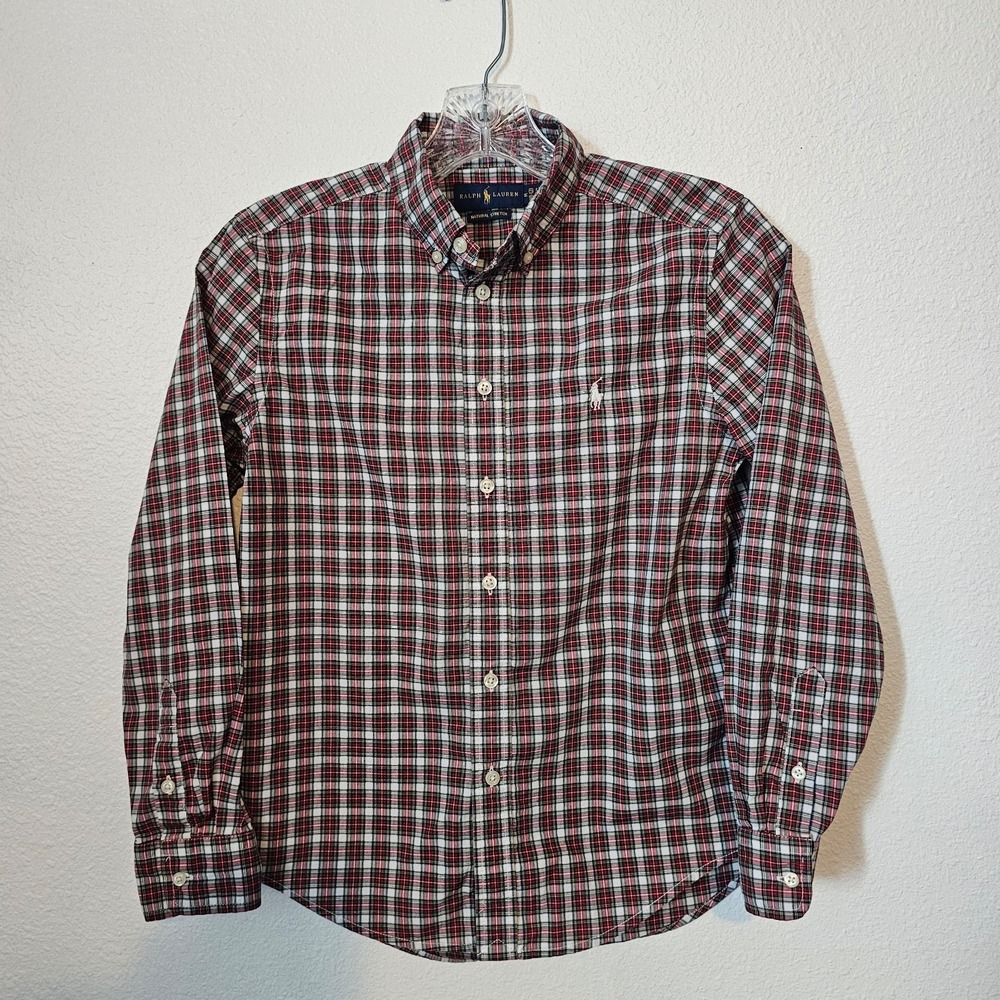 Ralph Lauren Red, White, and Green Plaid Long Sleeve Button Front Polo Boys Med